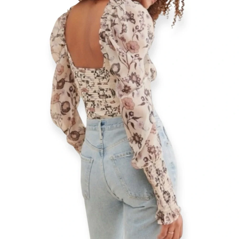 FREE PEOPLE BRUNCH DATE BODYSUIT IVORY FLORAL PUFF SLEEVE SMOCKED CORSET TOP NWT - Picture 8 of 12